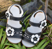 Girls sandals genuine leather   open toe flowers summer new arrival black student shoes kids school sandals uniform 2024 - buy cheap