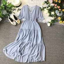 2019 Summer Dress Women Sexy V-neck Buttons Elegant Party Dress Casual Short Sleeve Solid color Loose long Dresses Vestidos 2024 - buy cheap