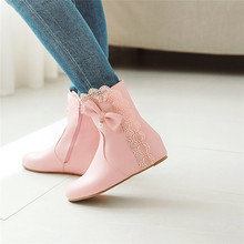 Bonitos zapatos YMECHIC de princesa Lolita en rosa, blanco y negro, de talla grande, con nudo de mariposa, encaje con volantes, botines de tacón plano para invierno 2024 - compra barato