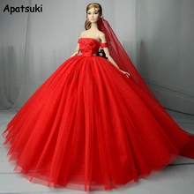 Vestido de novia rojo para muñeca Barbie, ropa de princesa para fiesta de noche, trajes largos con velo, accesorios para muñecas 1/6 2024 - compra barato