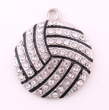 New 23mm*27mm 10pcs a lot rhodium plated zinc studded with sparkling crystal Black enamel 2D volleyball sports Pendants 2024 - buy cheap