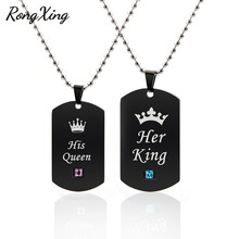 RongXing rosa/azul cristal negro titanio acero corona colgantes collares para Mujeres Hombres pareja boda joyería declaración collar 2024 - compra barato