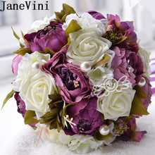 JaneVini Vintage Bridal Bouquets for Wedding Silk Purple Rose Peony Bride Bouquets with Ribbon Pearls Ramo Novia Flor Artificial 2024 - buy cheap