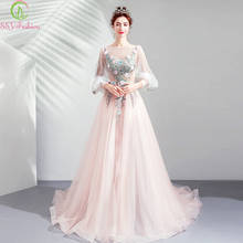 SSYFashion New Sweet Pink Evening Dress Lace Appliques Sweep Train 3/4 Sleeve Formal Prom Gowns Robe De Soiree 2024 - buy cheap