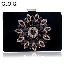 GLOIG Velvet Fashion Women Clutches Flower Diamonds Metal Evening Bag Blue Red Black Color Rhinestones Wedding Party Purse Bags 2024 - buy cheap