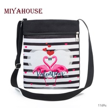 Miyahouse Lovely Striped And Flamingo Printed Messenger Flap Bag Female High Quality Canvas Shoulder Bag Lady Double Zipper Bag 2024 - buy cheap