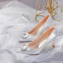 Женские свадебные туфли на высоком каблуке, серебристые туфли с кружевом, обувь для подружек невесты, французская обувь для взрослой церемонии, новинка 2019 2024 - купить недорого