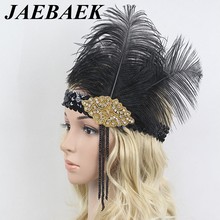 JAEBAEK 1920-х Flapper головная повязка, Roaring 20s Sequined Showgirl головной убор Great Gatsby головная повязка с черным пером 2024 - купить недорого