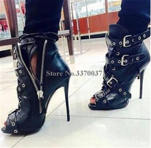 New Fashion Women Brand Style Peep Toe Black Leather Zipper-up Thin Heel Short Boots Buckles Rivet High Heel Ankle Boots 2024 - buy cheap