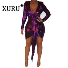 XURU Summer New Women's Sexy V-neck Dress Night Slim Dress Purple Green Blue Irregular Party Dress 2024 - buy cheap