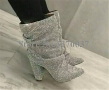 Women Luxury Pointed Toe Bling Bling Rhinestone Chunky Heel Boots Slip-on Crystal Thick Heel Ankle Boots Leisure Dress Boots 2024 - buy cheap