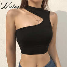 Weekeep Sexy Halter Cropped t shirt Summer Black Cotton Sleeveless Crop Top Streetwear Hollow Out Fashion t-shirt Tops For Women 2024 - купить недорого