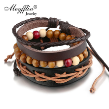 Meyfflin Handmade Wood Beads Rope Wrap Bracelet Men Multilayer Charm Leather Bracelets for Women Fashion Woven Jewelry 2024 - buy cheap