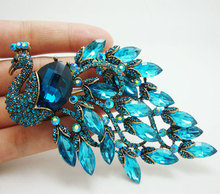 Classical Bird Peacock Blue Crystal Rhinestone Art Nouveau Gold Tone Brooch Pin 2024 - buy cheap