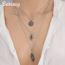 Seblasy Vintage Boho 3 Layer Hollow Long Statement Coin Hamsa Hand Clavicle Chain Feather leaf Necklaces & Pendants for Women 2024 - buy cheap