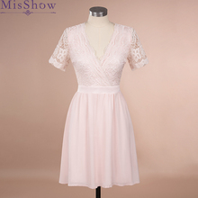 Elegant Pink Lace Cocktail Dresses 2019 V-Neck A-Line Knee-Length Short Sleeves Cocktail Party Dress vestidos para coctel 2024 - buy cheap