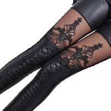 Fashion Sexy Woman Stitching Lace Stretch Skinny Leg Faux Leather Leggings Women Pants Punk  Autumn Skinny Pant 2024 - buy cheap