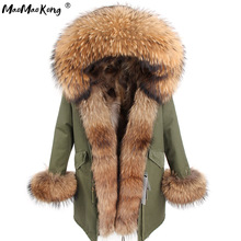 Maomaokong casaco de pele de raposa real, jaqueta de inverno feminina, parka longa com gola de pele de guaxinim natural e capuz grosso, quente, forro de pele real 2024 - compre barato