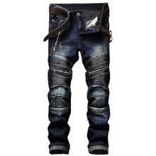 Men's Biker Jeans Slim Fit Skinny Designer Motocycle Pleated Ripped Denim Pants For Male Straight Washed Multi Zipper Trousers 2024 - buy cheap