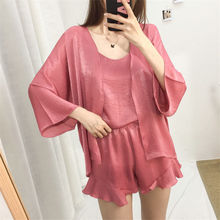 Autumn women Pajama Sets 3pcs set cami top +shorts + robe Sleepwear Women Pajama silk satin Suit Sleepwear Long Sleeve Female 2024 - buy cheap