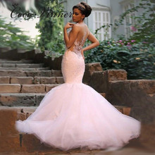 African Bride Wedding Dress 2022 Crystal Beading Lace Appliques Tulle Mermaid Wedding Dresses Illusion Back Wedding Gowns W0239 2024 - buy cheap