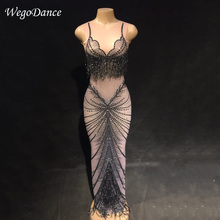 New Black Rhinestone Mesh Perspective Sleeveless Dress Evening Party Wear Dresses Birthday Celebrate Costume See Through Dress 2024 - buy cheap