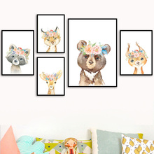 Cute Deer Bear Raccoon Pig Flower Wall Art Canvas Painting Nordic Canvas Posters And Prints Wall Pictures Baby Kids Room Decor 2024 - buy cheap