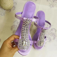 Summer Toon Purple Satin Slipper Sandals Women Rhinestone Jeweled T-strap High Heels Peep Toe Ladies Party High Heels Slide Shoe 2024 - buy cheap