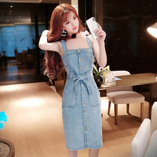 College Elegant Sweet Cowboy Spaghetti Strap Dress Summer Korean High Waist Slim A-line Sexy Slash Neck Dress 2024 - buy cheap