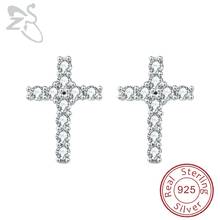 ZS Crystal Gem Cross Ear Stud Women Jewelry Inlay Zirconia Stone CZ Brincos 925 Silver Earrings Jesus Earring Cross Accessories 2024 - buy cheap