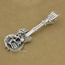LINSION 925 Sterling Silver Hand Bone Skull Guitar Pendant Mens Biker Rock Punk Style 9M022 2024 - buy cheap