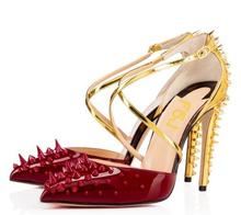 Moraima Snc Red and Gold Stiletto Heels Cross-over Strap Closed Toe Sandals with Rivets Sexy Thin Heels Dress Shoes 2024 - buy cheap