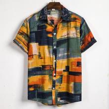 Mens Ethnic Short Sleeve Casual Cotton Linen Printing Hawaiian Shirt Blouse Couple loose Fit Hawaii Vintage yellowhigh quality 2024 - buy cheap