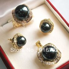 free shipping >>>>>10mm &14mm black South sea Shell Pearl Earrings Ring Necklace Pendant Set 2024 - buy cheap