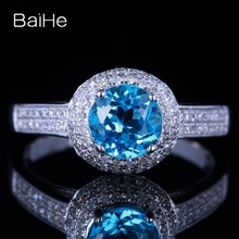 BAIHE Solid 10K White Gold 1.3ct Certified Round cut Flawless 100% Genuine Blue Topaz Engagement Women Trendy Blue Topaz Ring 2024 - buy cheap