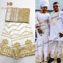 Classic Style Gold Line Embroidered Bazin Riche Lace Fabric With Blouse Beaded Design White Color Basin Wedding Cotton Material 2024 - buy cheap