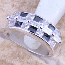 Shiny Black Cubic Zirconia White CZ Silver Plated  Women's Ring Size 6 / 7 / 8 / 9 R1369 2024 - buy cheap