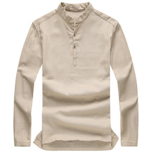 Camiseta de Manga larga de lino para hombre, jersey de lino de alta calidad, informal, sin cuello, con soporte mandarín 2024 - compra barato