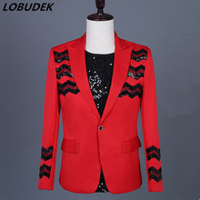 Chaqueta de traje para hombre, Blazer ajustado de lentejuelas rojas y negras, abrigo de moda para cantante, presentador, bailarina, para discoteca 2024 - compra barato
