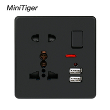 Minitiger preto tomada de parede 13a universal 5 buraco comutada tomada 2.1a dupla porta carregador usb indicador led 2024 - compre barato