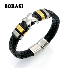 Pulsera de cuero de acero inoxidable para hombre, brazalete tejido de cuero genuino, Estilo Vintage Punk, informal, a la moda 2024 - compra barato