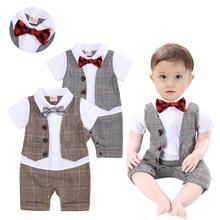 Conjunto de roupas para meninos, roupa de verão para crianças pequenas, macacão infantil de manga curta, com gravata boroleta handsome, palid, camisa polo, macacão 2024 - compre barato