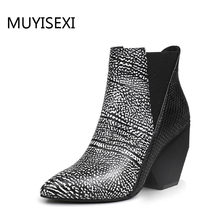 Women Boots Black Genuine Leather Pointed Toe Slip On Strange High Heel Mixed Color Ankle Boots chaussure femme HL113 MUYISEXI 2024 - buy cheap