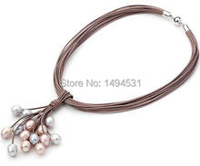 Wholesale Pearl Jewelry Brown Leather Necklace Multi-Strand Multi-Color Freshwater Pearl Necklace - Handmade Jewelry - XZN138 2024 - buy cheap