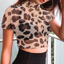 Top corto de manga corta para mujer, Tops con estampado de leopardo, Top corto transparente de malla Sexy para mujer 2024 - compra barato