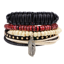 4pcs/set Boho Hippie Punk Black Cord Knots Leather Leaf Rivet Charm Red Beige Wooden Bead Stacked Layers Wide Bracelets for Man 2024 - buy cheap