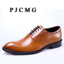 PJCMG-vestido de piel auténtica para hombre, zapatos planos con cordones en negro/marrón, punta estrecha, formales, para negocios, bodas y oficina 2024 - compra barato