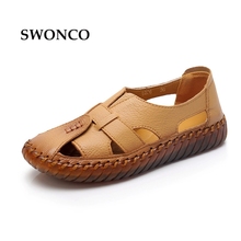 SWONCO Women's Sandals 2019 Summer Genuine Leather Retro Shoes Summer Sandals For Women Handmade Flat Female Sandal Plus Size 43 2024 - buy cheap