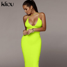 Kliou sensual women sexy v-neck dress solid neon color sleeveless skinny long dress female fashion vacation clothes vestidos 2024 - buy cheap