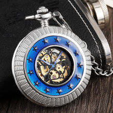 Винтажные Механические карманные часы в стиле стимпанк серебристые, мужские и женские часы с синим кольцом и цепочкой в римском стиле 2024 - купить недорого